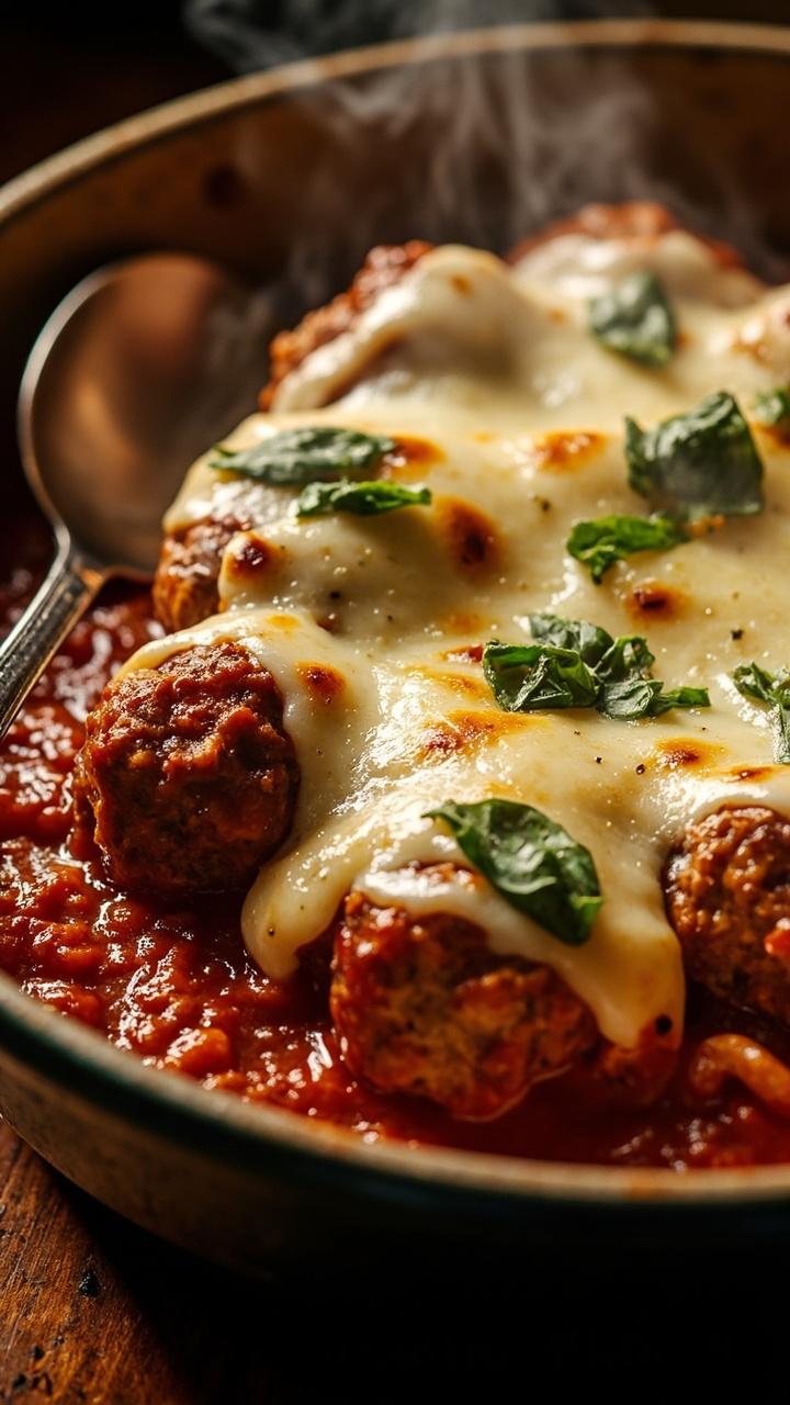 A shallow ovenproof dish with tomato sauced meatballs topped with melted mozzarella, golden browned spots on the cheese, a scattering of chopped basil, a serving spoon at one side A shallow ovenproof dish with tomato sauced meatballs topped with melted mozzarella, golden browned spots on the cheese, a scattering of chopped basil, a serving spoon at one side