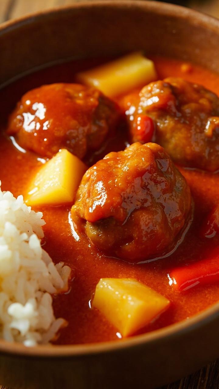 A shallow bowl of glossy orange sweet and sour sauce with meatballs nestled in it, bright chunks of red bell pepper and pineapple around the meatballs, a small mound of white rice to the side A shallow bowl of glossy orange sweet and sour sauce with meatballs nestled in it, bright chunks of red bell pepper and pineapple around the meatballs, a small mound of white rice to the side