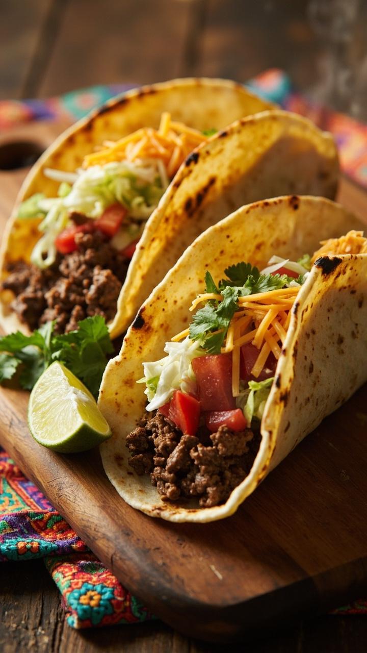 Warm folded corn tortillas lined across a wooden board, a shallow pile of golden browned ground beef in one tortilla, shredded iceberg lettuce, diced bright red tomatoes, a small pile of shredded cheddar, lime wedge on the side, sprinkled with chopped cilantro, a colorful cloth napkin under the board Warm folded corn tortillas lined across a wooden board, a shallow pile of golden browned ground beef in one tortilla, shredded iceberg lettuce, diced bright red tomatoes, a small pile of shredded cheddar, lime wedge on the side, sprinkled with chopped cilantro, a colorful cloth napkin under the board