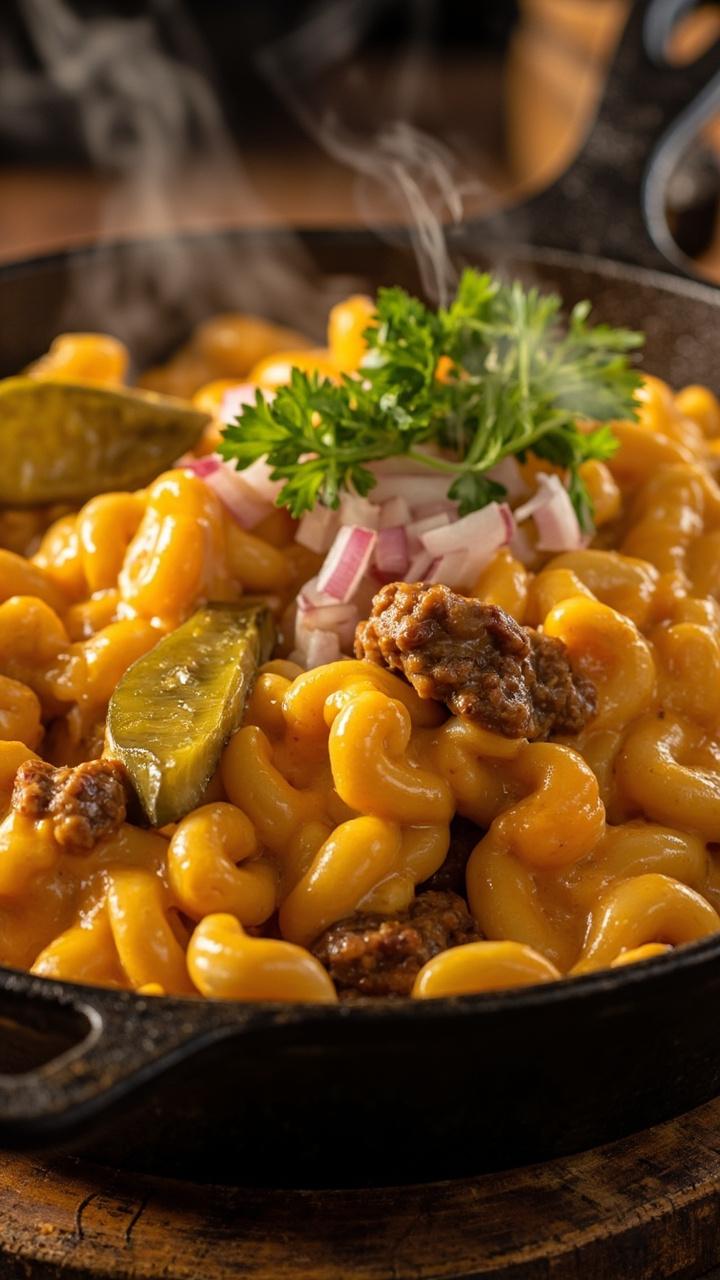 Shallow cast iron skillet on a wooden trivet, glossy elbow macaroni coated in melted orange cheddar sauce, crumbled browned ground hamburger scattered on top, thin pickle slices arranged at one edge, a few diced red onions and a small handful of chopped parsley, steam rising gently Shallow cast iron skillet on a wooden trivet, glossy elbow macaroni coated in melted orange cheddar sauce, crumbled browned ground hamburger scattered on top, thin pickle slices arranged at one edge, a few diced red onions and a small handful of chopped parsley, steam rising gently