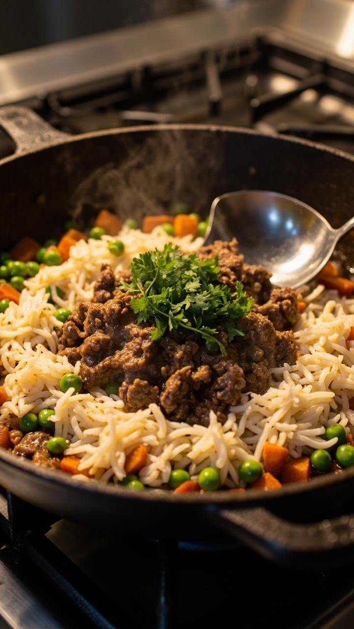 Deep skillet on a stovetop, a ring of fluffy long grain rice around a center of crumbled seasoned beef, scattered frozen peas and diced carrots adding green and orange pops, a ladle resting on the edge, bright chopped parsley sprinkled over the top Deep skillet on a stovetop, a ring of fluffy long grain rice around a center of crumbled seasoned beef, scattered frozen peas and diced carrots adding green and orange pops, a ladle resting on the edge, bright chopped parsley sprinkled over the top