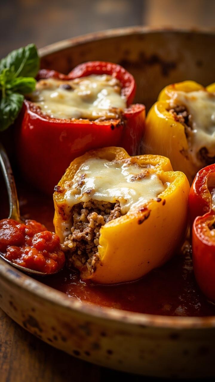 Four halved red and yellow bell peppers standing upright in a shallow baking dish, glossy rice and ground beef filling peeking out, melted mozzarella on top with small brown spots, a spoonful of tomato sauce beside one pepper, a sprig of basil laid on the dish edge Four halved red and yellow bell peppers standing upright in a shallow baking dish, glossy rice and ground beef filling peeking out, melted mozzarella on top with small brown spots, a spoonful of tomato sauce beside one pepper, a sprig of basil laid on the dish edge