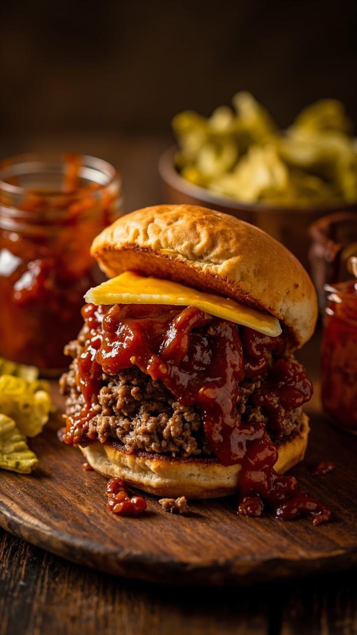 Soft burger buns open on a plate, glossy saucy ground beef piled high on the bottom bun, a thin slice of cheddar melting into the sauce, a small jar of extra sauce at the side, crisp pickle chips arranged next to the sandwiches Soft burger buns open on a plate, glossy saucy ground beef piled high on the bottom bun, a thin slice of cheddar melting into the sauce, a small jar of extra sauce at the side, crisp pickle chips arranged next to the sandwiches