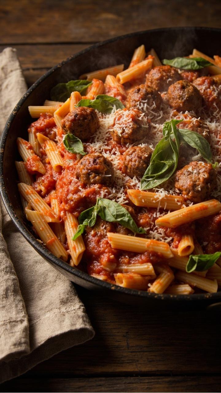 Wide shallow skillet filled with al dente penne tossed in red marinara, evenly spaced small browned meatballs, a light dusting of grated Parmesan, a scattering of torn basil leaves, a folded linen napkin beside the skillet Wide shallow skillet filled with al dente penne tossed in red marinara, evenly spaced small browned meatballs, a light dusting of grated Parmesan, a scattering of torn basil leaves, a folded linen napkin beside the skillet