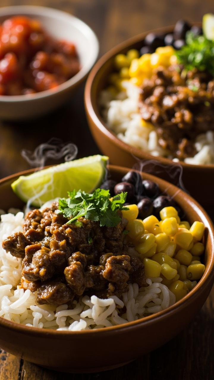 Shallow bowls with a base of fluffy white rice, a neat scoop of seasoned ground beef, a spoonful of black beans, corn kernels, chopped cilantro sprinkled on top, a lime wedge at the rim, a small bowl of salsa in the background Shallow bowls with a base of fluffy white rice, a neat scoop of seasoned ground beef, a spoonful of black beans, corn kernels, chopped cilantro sprinkled on top, a lime wedge at the rim, a small bowl of salsa in the background
