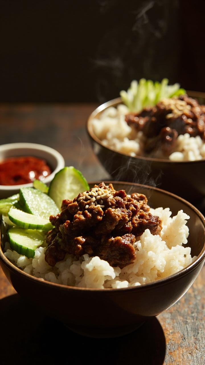 Shallow bowls with a bed of steamed rice topped by glistening caramelized ground beef, thinly sliced quick pickled cucumbers laid at one side, a sprinkle of sesame seeds and sliced green onions, small dish of gochujang on the side Shallow bowls with a bed of steamed rice topped by glistening caramelized ground beef, thinly sliced quick pickled cucumbers laid at one side, a sprinkle of sesame seeds and sliced green onions, small dish of gochujang on the side