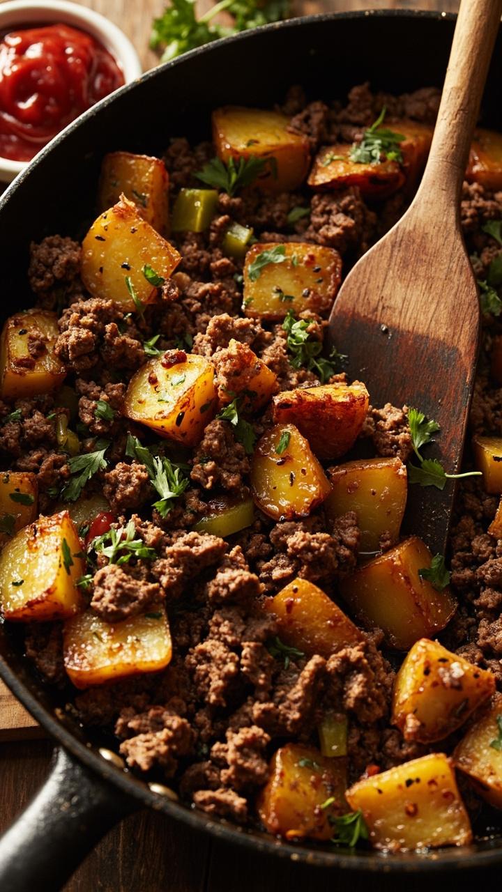 Large skillet with golden browned potato cubes and crumbled browned beef, flecks of green from chopped parsley and diced bell pepper, a small ramekin of ketchup nearby, a wooden spatula resting on the skillet handle Large skillet with golden browned potato cubes and crumbled browned beef, flecks of green from chopped parsley and diced bell pepper, a small ramekin of ketchup nearby, a wooden spatula resting on the skillet handle