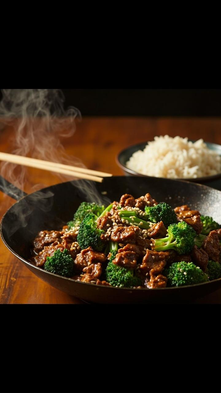 Shallow wok-style pan with bright green broccoli florets and crumbled saucy beef, glossy brown stir fry sauce coating the ingredients, sesame seeds sprinkled over the top, steamed rice in a bowl beside the pan, wooden chopsticks resting across the bowl Shallow wok-style pan with bright green broccoli florets and crumbled saucy beef, glossy brown stir fry sauce coating the ingredients, sesame seeds sprinkled over the top, steamed rice in a bowl beside the pan, wooden chopsticks resting across the bowl