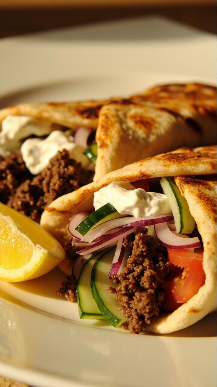 Halved warm pita pockets on a white plate, each pocket stuffed with crumbled seasoned beef, cucumber ribbons, diced tomatoes, thin slices of red onion, dollops of creamy yogurt sauce on top, a lemon wedge nearby Halved warm pita pockets on a white plate, each pocket stuffed with crumbled seasoned beef, cucumber ribbons, diced tomatoes, thin slices of red onion, dollops of creamy yogurt sauce on top, a lemon wedge nearby