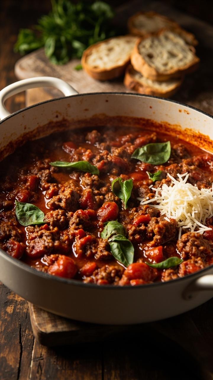 Deep white skillet with chunky tomato and ground beef mixture, vibrant torn basil leaves scattered on top, a small pile of grated Parmesan at the side, slices of crusty bread on a wooden board nearby Deep white skillet with chunky tomato and ground beef mixture, vibrant torn basil leaves scattered on top, a small pile of grated Parmesan at the side, slices of crusty bread on a wooden board nearby