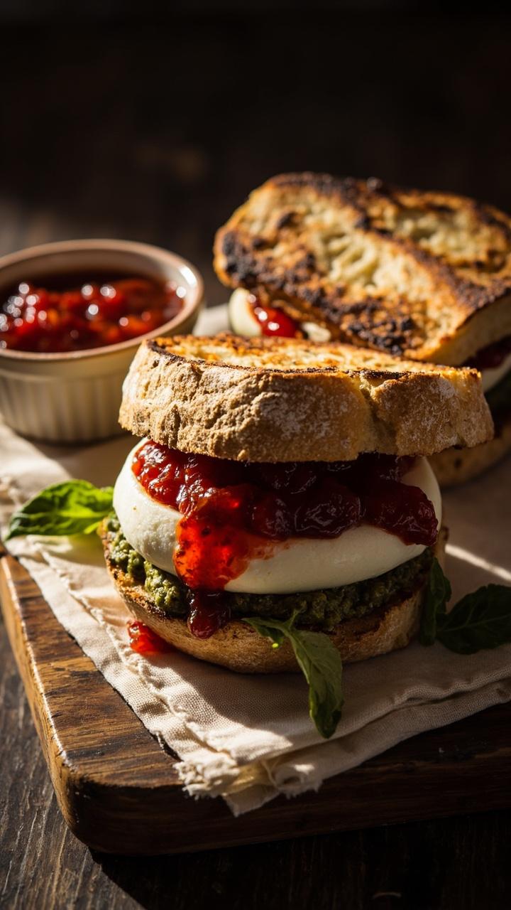 A rustic ciabatta cut in half and slightly toasted, a thick slice of fresh mozzarella, glossy spoonful of chunky tomato jam, a smear of green basil pesto, a few basil leaves tucked inside, sandwich placed on a wooden board with a small ramekin of extra jam and a linen napkin