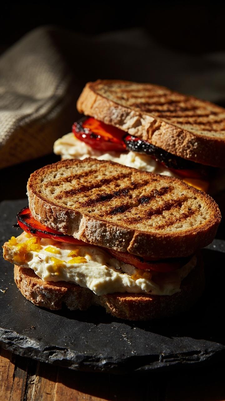 Two slices of sourdough with visible char marks, thick grilled halloumi slices peeking out, strips of roasted red pepper, a smear of lemony yogurt on the bread, sandwich resting on a slate plate with a folded kitchen towel
