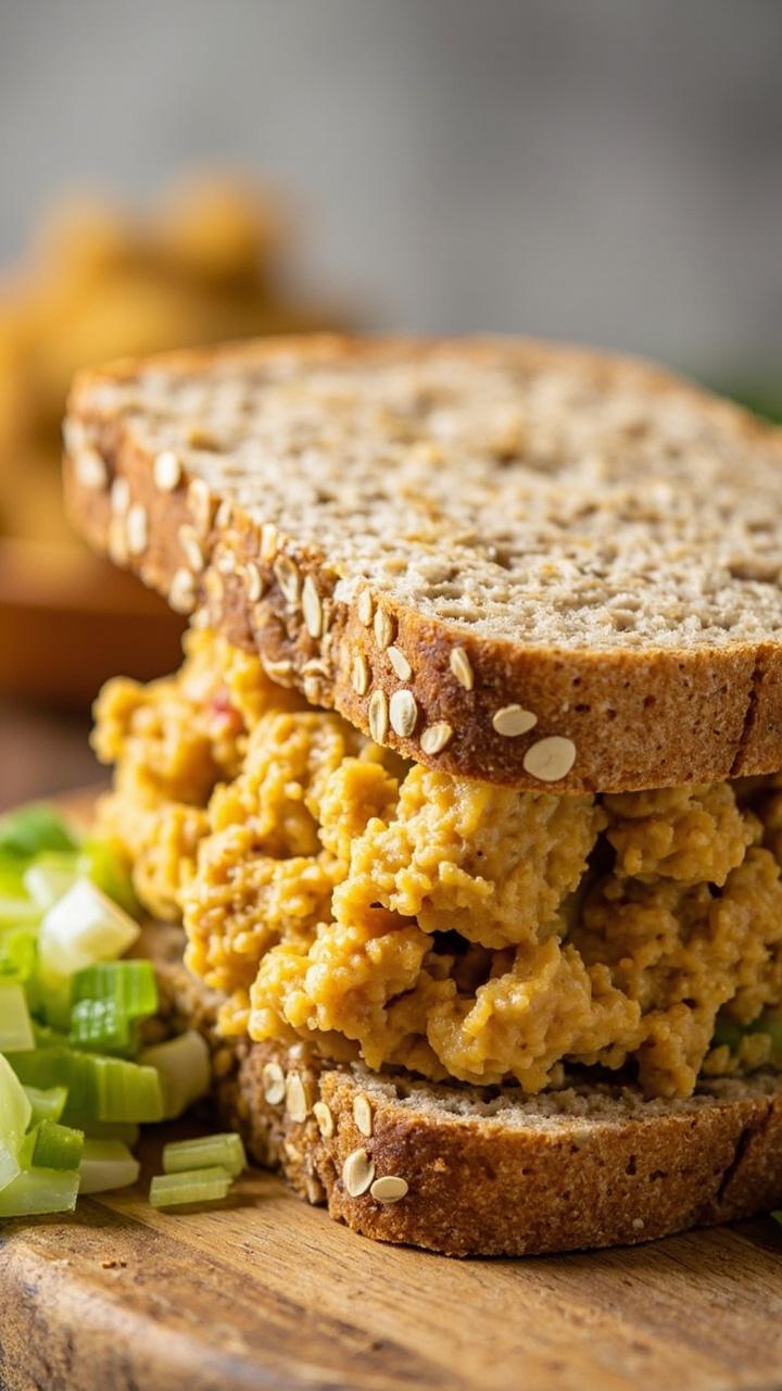 Soft whole grain bread sliced, generous scoop of golden chickpea salad filling visible between slices, small pile of chopped celery and scallions on the board as garnish, sandwich cut in half to show texture