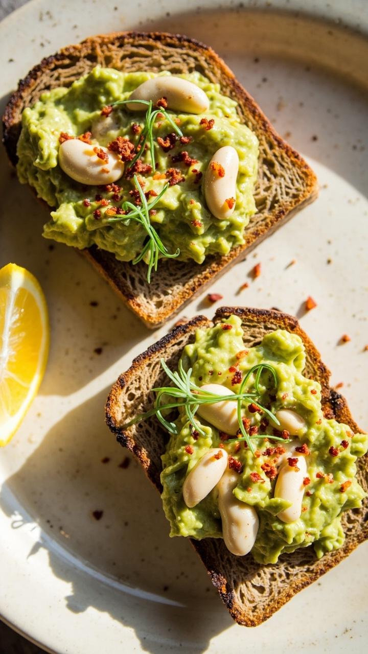 Two slices of toasted multigrain bread topped with pale green avocado and white bean smash, sprinkled with crushed red pepper and a few microgreens, placed on a light ceramic plate with a lemon wedge nearby