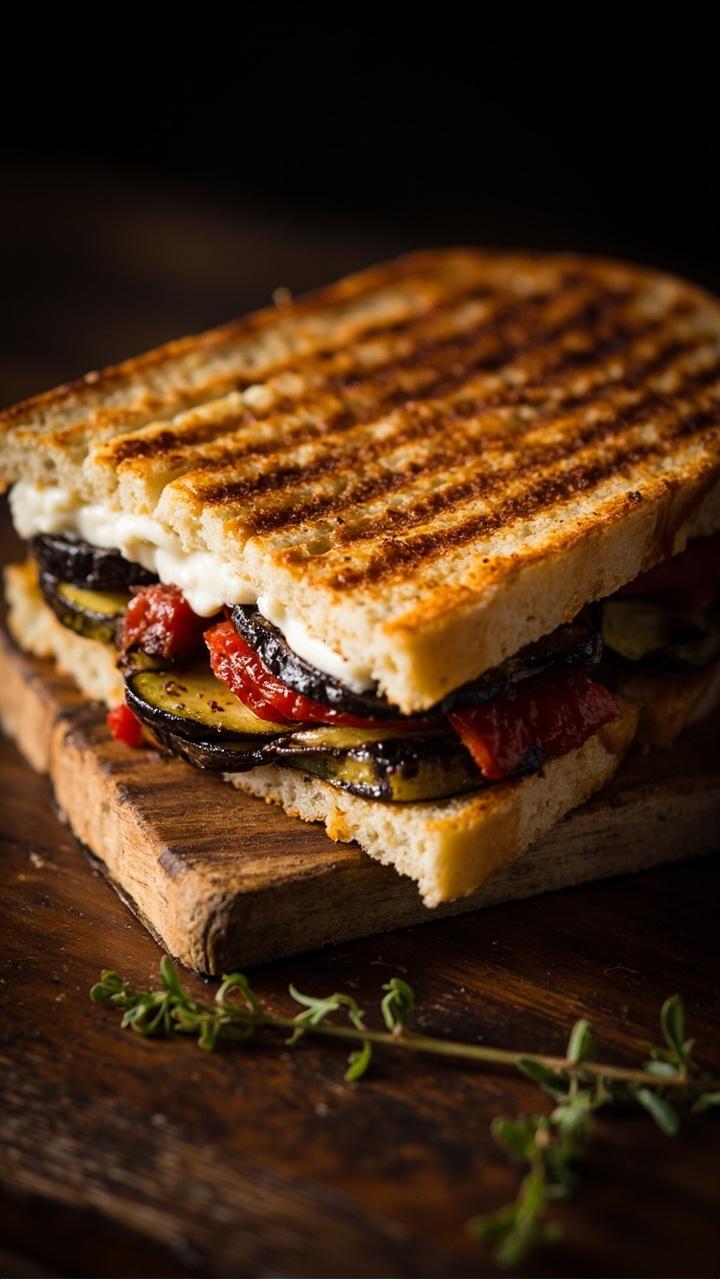 Golden pressed panini cut diagonally, visible layers of charred zucchini, roasted eggplant, strips of red pepper, creamy white goat cheese seeping slightly, sandwich on a wooden board with a small sprig of thyme