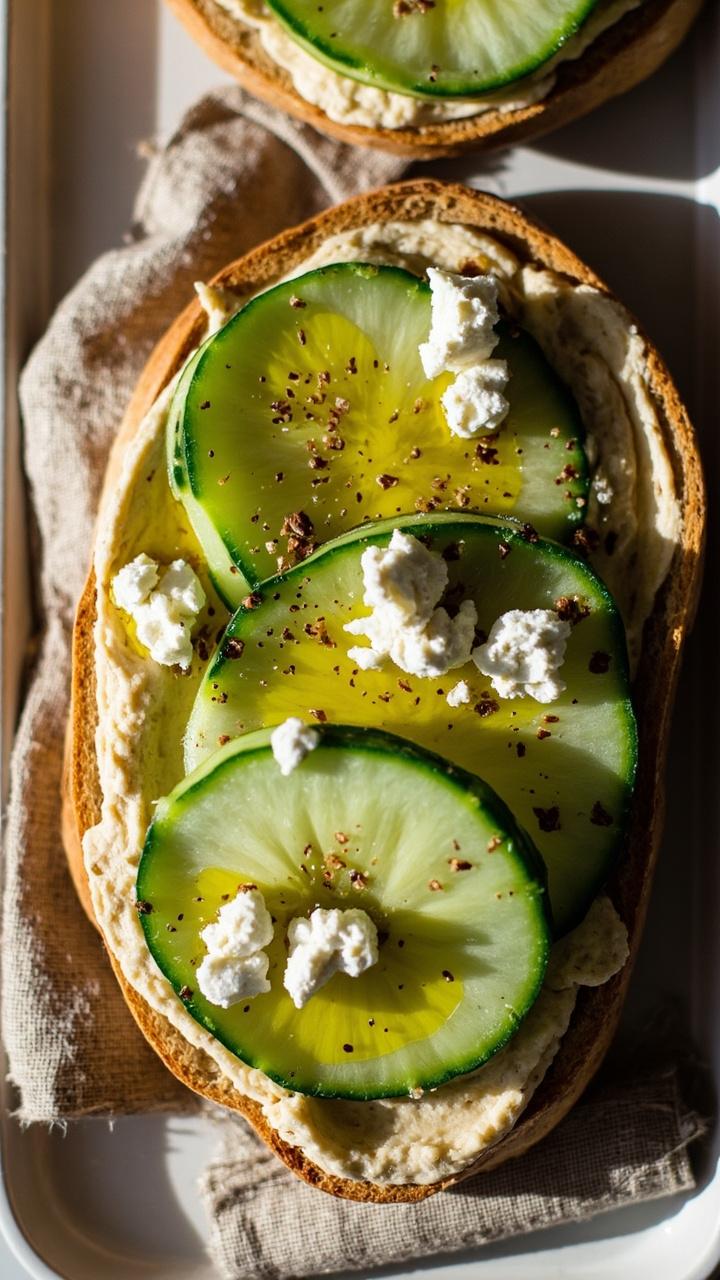 Thick slices of toasted country bread spread with hummus, overlapping slices of cucumber, crumbled feta, a drizzle of olive oil and a sprinkle of zaatar, platter with a linen napkin