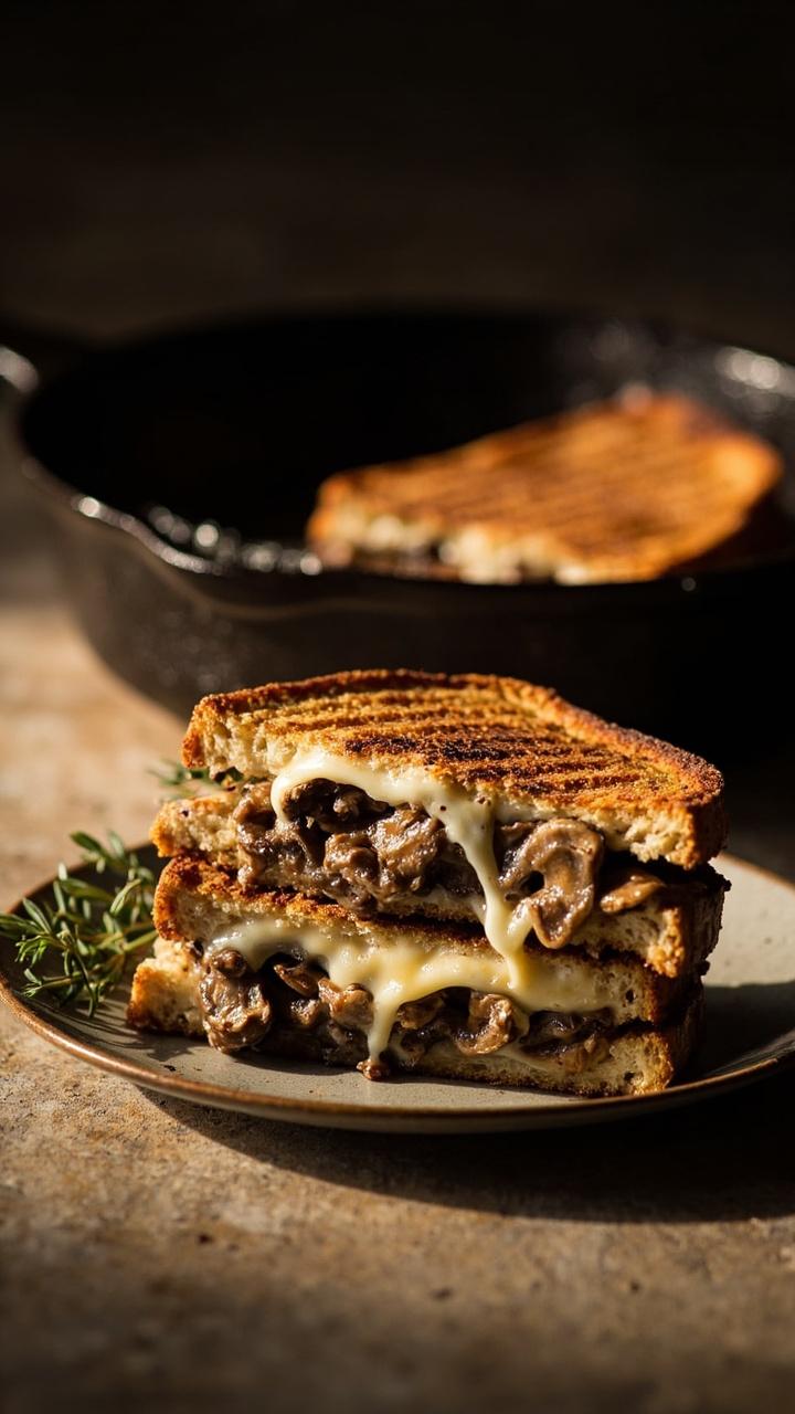 A toasted rye or sourdough sandwich cut to reveal glossy sautéed mushrooms and melted Swiss, a few thyme sprigs tucked beside it, sandwich placed on a small plate with a cast iron skillet in the background