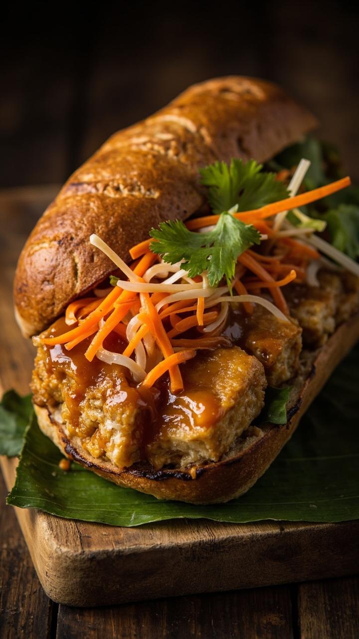 A crusty baguette filled with golden pan fried tofu strips glazed in peanut sauce, thin ribbons of pickled carrot and daikon, cilantro sprigs visible, sandwich placed on a banana leaf on a wooden board