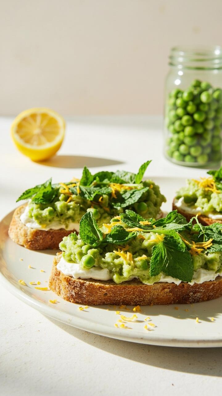 Thick slices of country bread spread with creamy lemon ricotta, a layer of bright green smashed peas dotted with mint leaves, small scattering of lemon zest on top, sandwich on a white plate with a small jar of peas nearby