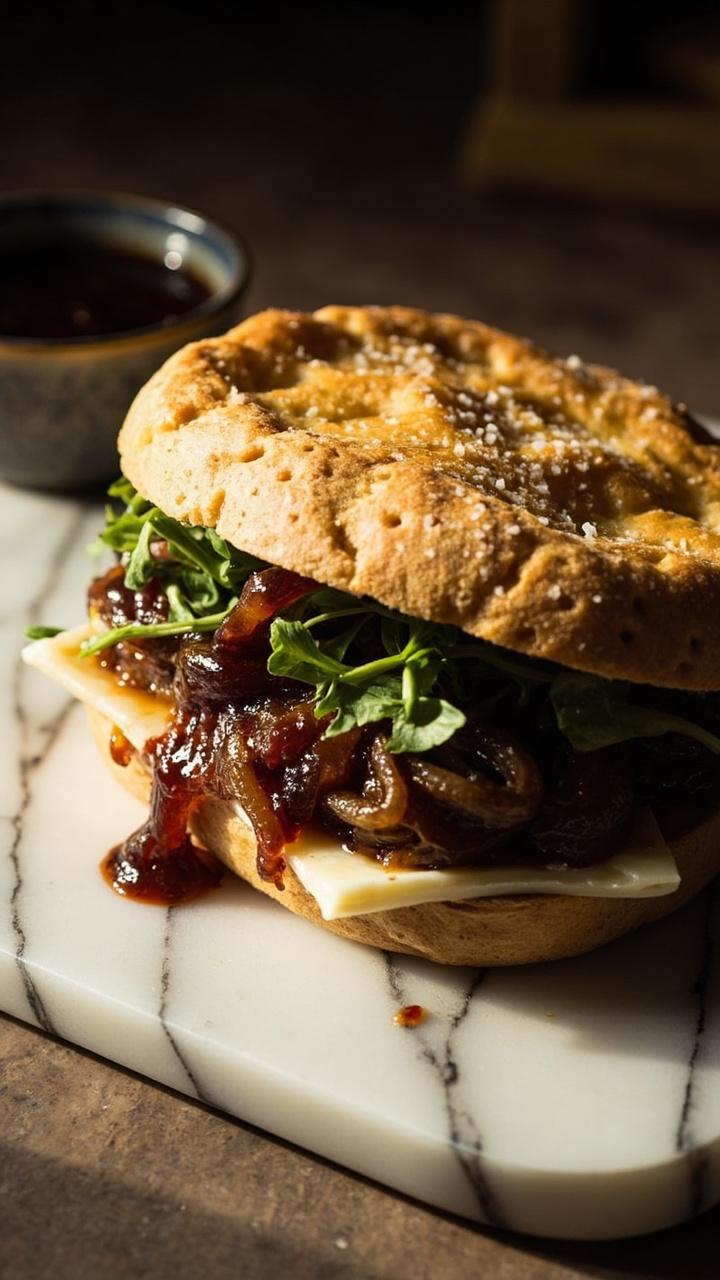 A thick slab of focaccia filled with glossy dark caramelized onions and melting Brie, a few arugula leaves peeking out, sandwich on a marble slab with a small dish of balsamic reduction