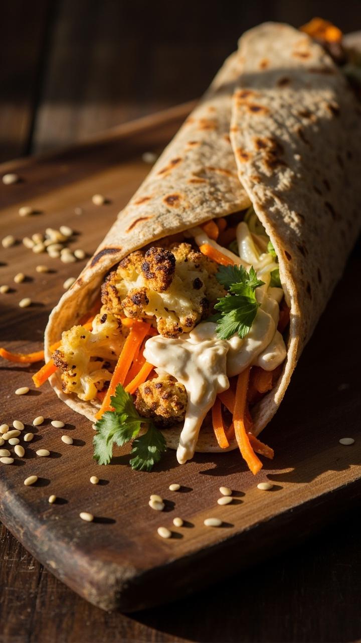 A whole wheat wrap cut on a diagonal showing roasted cauliflower florets, orange shredded carrot and pale tahini slaw, a few cilantro leaves, wrap resting on a wooden board with a scattering of sesame seeds