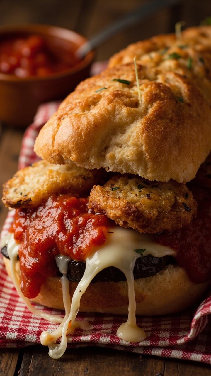 A crusty roll overflowing with breaded fried eggplant slices, a glossy spoonful of red marinara, stretchy melted mozzarella, sandwich placed on a checked napkin with a small bowl of extra sauce