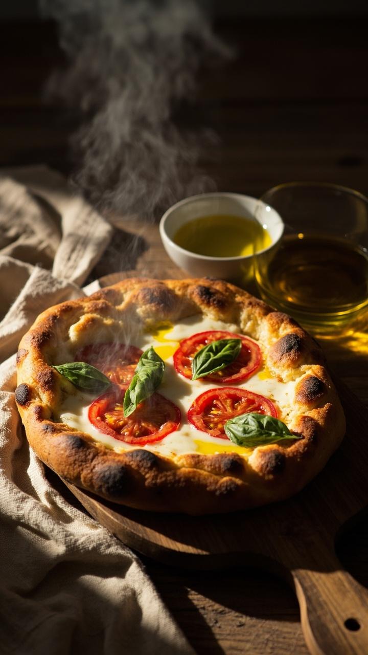 Warm golden flatbread on a wooden board topped with melted mozzarella, bright red tomato slices, scattered fresh basil leaves and a light sheen of olive oil. A linen napkin and a small dish of extra olive oil sit beside it.