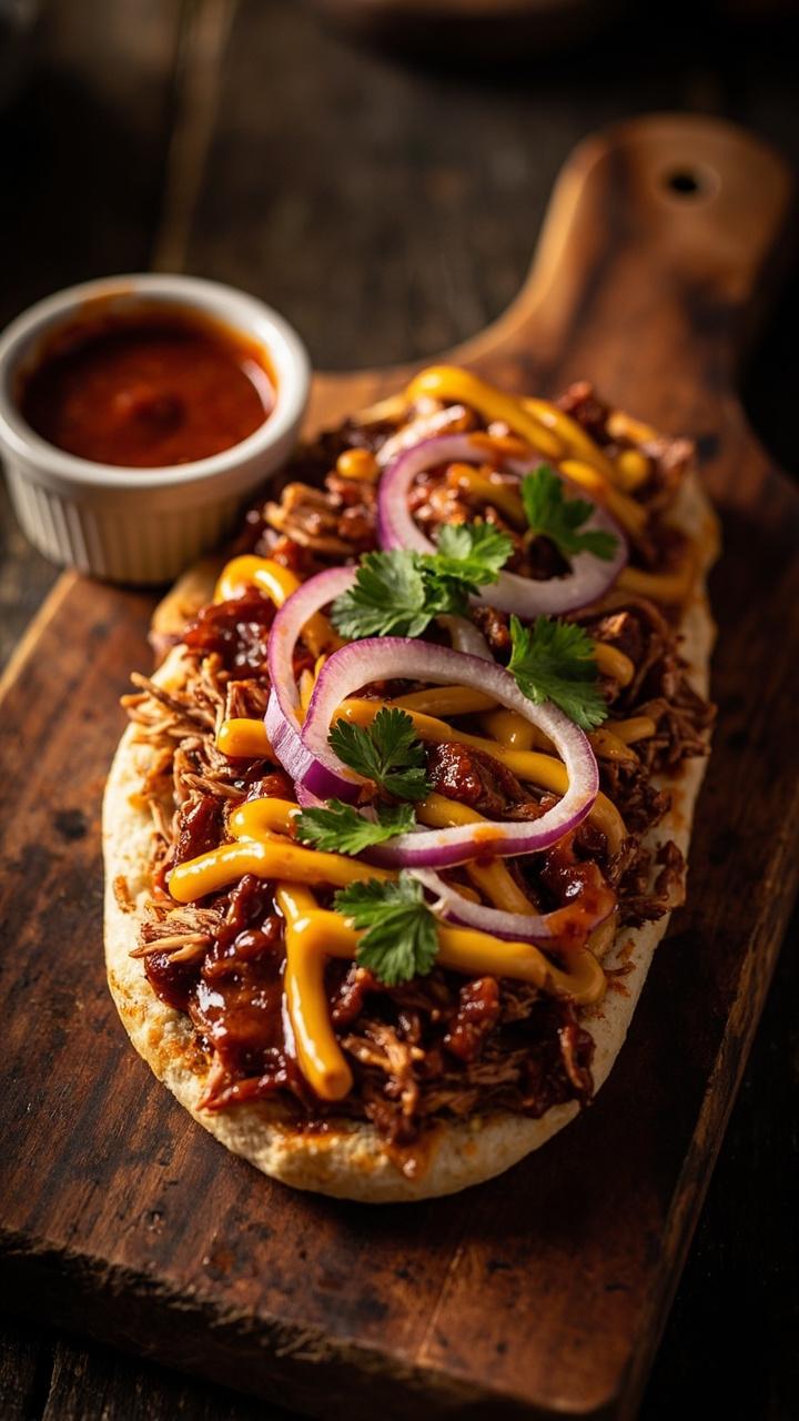 Toasted flatbread on a dark wooden board topped with shredded BBQ chicken, thinly sliced red onion, melted cheddar, and fresh cilantro leaves. A small ramekin of extra barbecue sauce sits nearby.