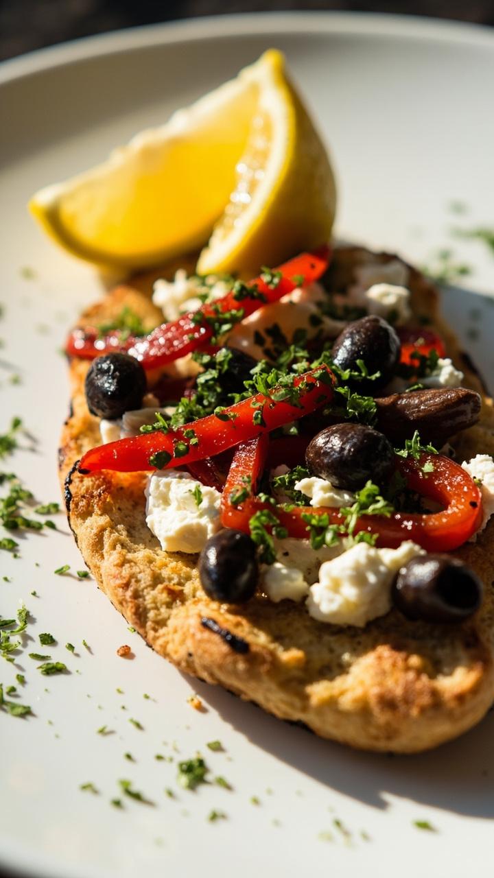 Crisp flatbread on a white ceramic plate layered with crumbled feta, roasted red pepper strips, slices of kalamata olive, and scattered chopped parsley. A lemon wedge sits at the rim of the plate.