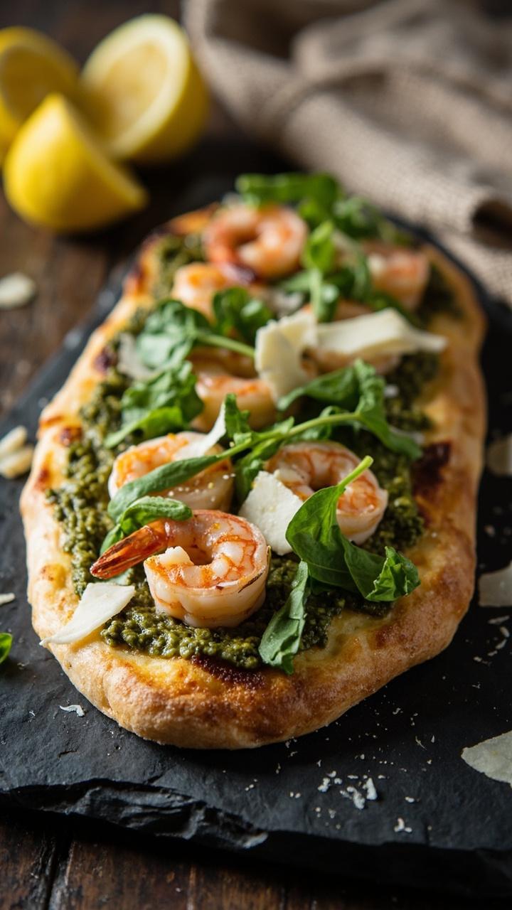 Golden brown flatbread on a slate board topped with pesto spread, pink seared shrimp, thinly shaved Parmesan, and a few baby arugula leaves. Lemon wedges and a linen napkin are visible in the background.