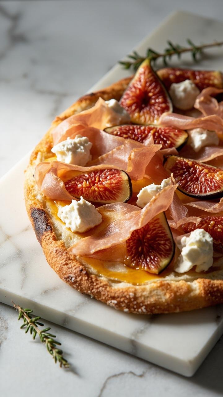 Crisp flatbread on a marble slab topped with thin fig slices, torn prosciutto, melted goat cheese dollops, and a light drizzle of honey. A sprig of thyme lies nearby.