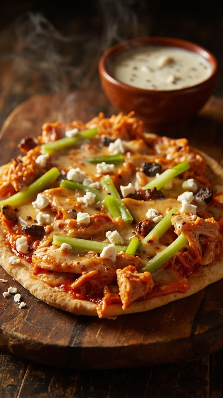 Crisp flatbread on a wooden board topped with shredded buffalo chicken, melted Monterey Jack, thin celery sticks, and a few blue cheese crumbles. A small bowl of ranch dressing sits next to it.