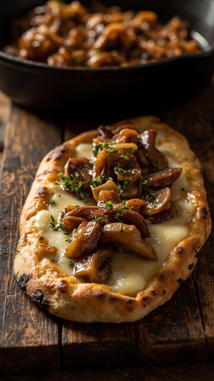 Rustic flatbread on a dark board topped with glossy caramelized onions, sautéed brown mushrooms, melted fontina cheese, and a sprinkle of chopped thyme. A cast iron skillet with leftover onions sits in the background.