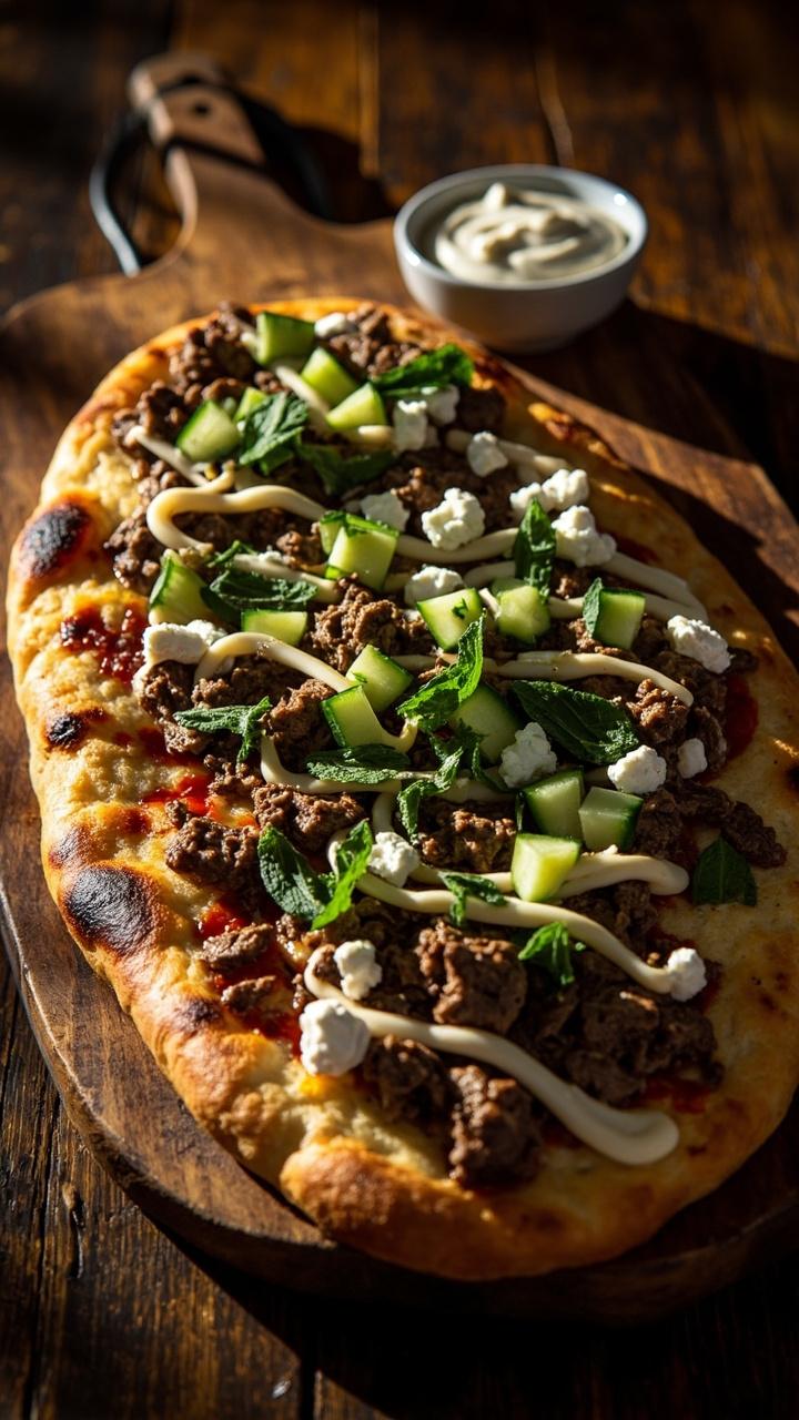 Crisp flatbread on a wooden board topped with crumbled cooked lamb, melted mozzarella, scattered feta, diced cucumber and a sprinkle of chopped mint. A small bowl of tzatziki sits beside it.