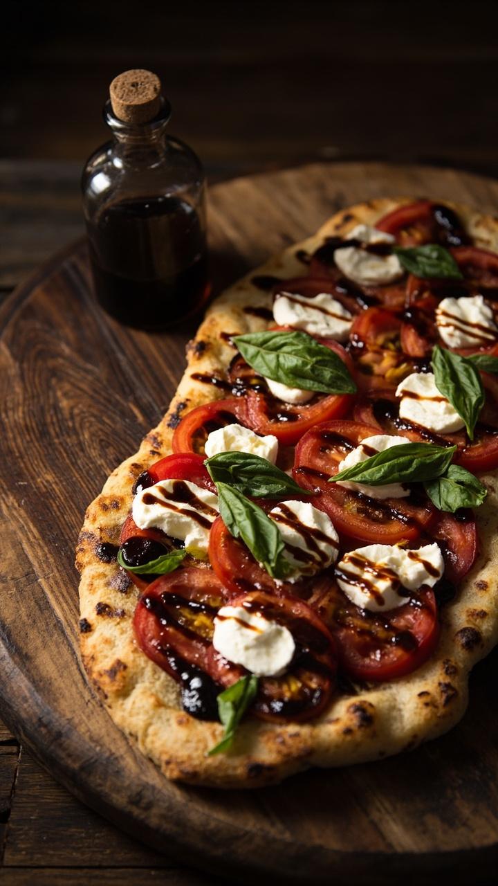 Lightly charred flatbread on a round wooden board topped with alternating slices of tomato and fresh mozzarella, scattered basil leaves and a thin ribbon of balsamic glaze. A small vinegar bottle sits nearby.