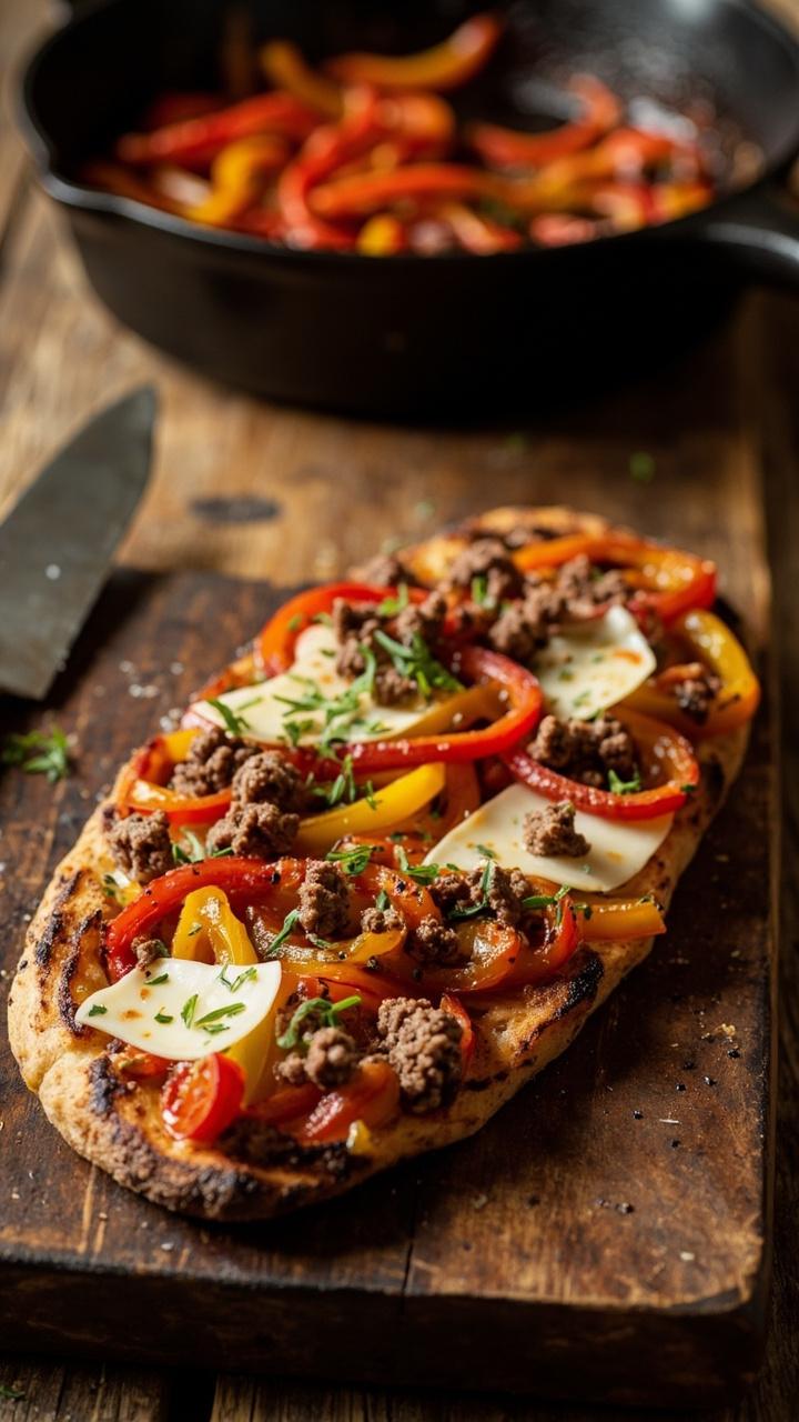 Toasted flatbread on a wooden board topped with caramelized red and yellow pepper strips, crumbled Italian sausage, melted provolone and a few oregano leaves. A skillet with leftover peppers sits nearby.