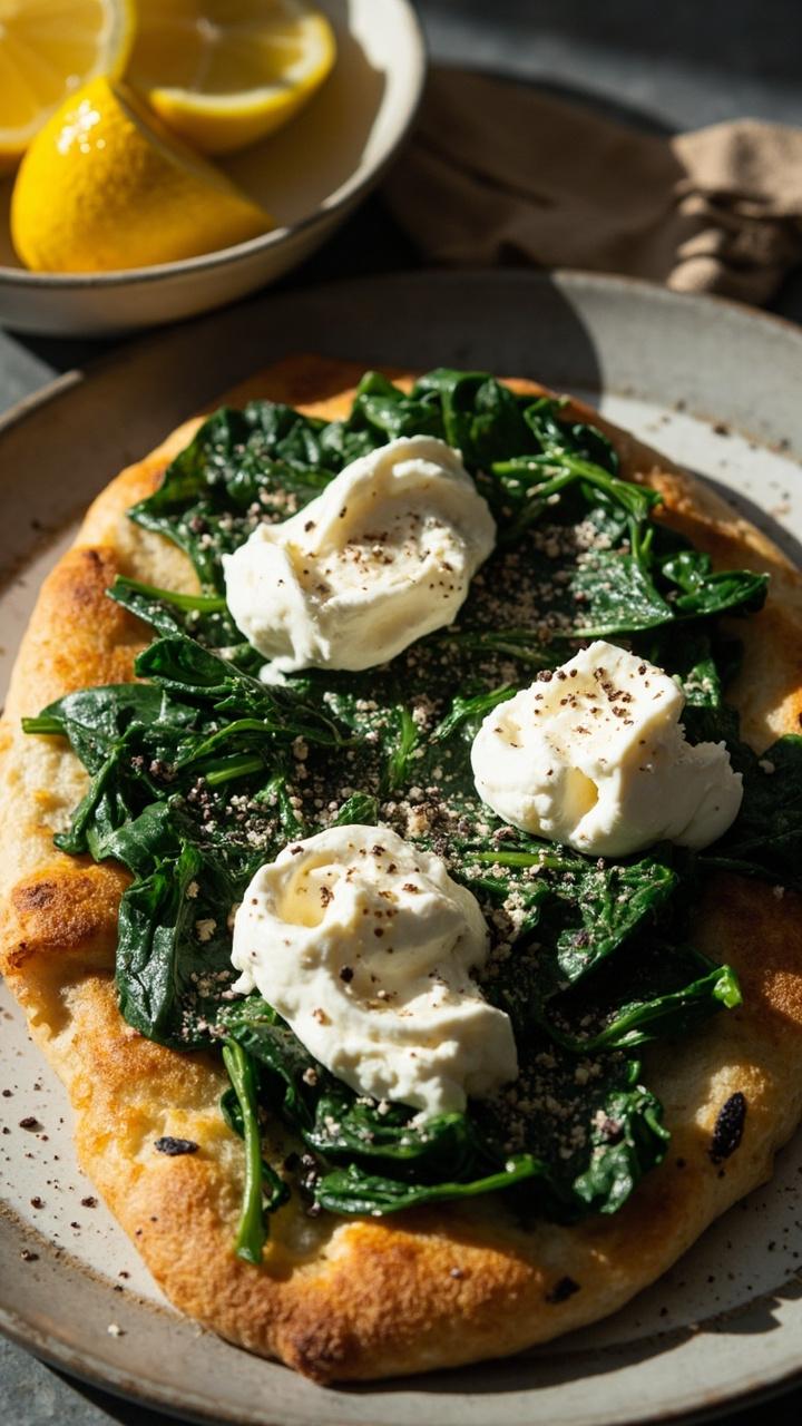 Golden flatbread on a neutral ceramic plate topped with dollops of creamy ricotta, wilted spinach, grated Parmesan, and a dusting of cracked black pepper. A small bowl of lemon wedges sits to the side.