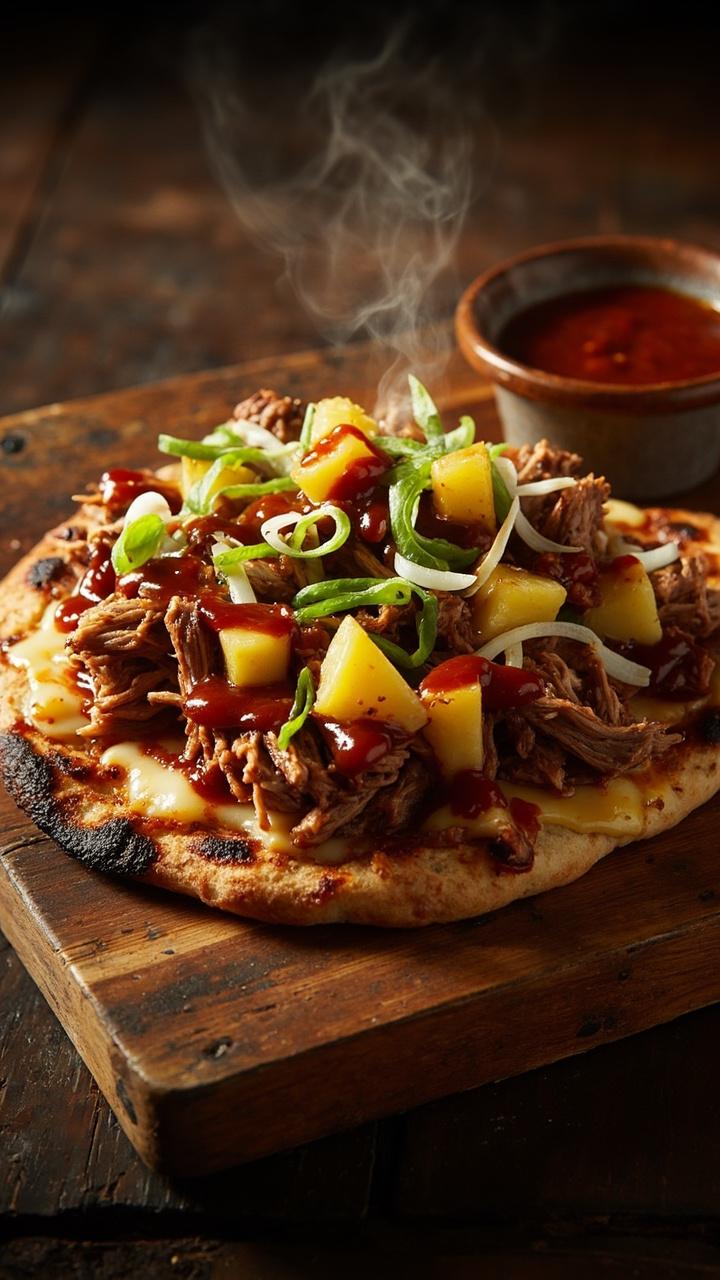 Crisp flatbread on a wooden serving board topped with shredded pulled pork, pineapple chunks, melted Monterey Jack, and thinly sliced green onion. A small ramekin of extra barbecue sauce sits nearby.