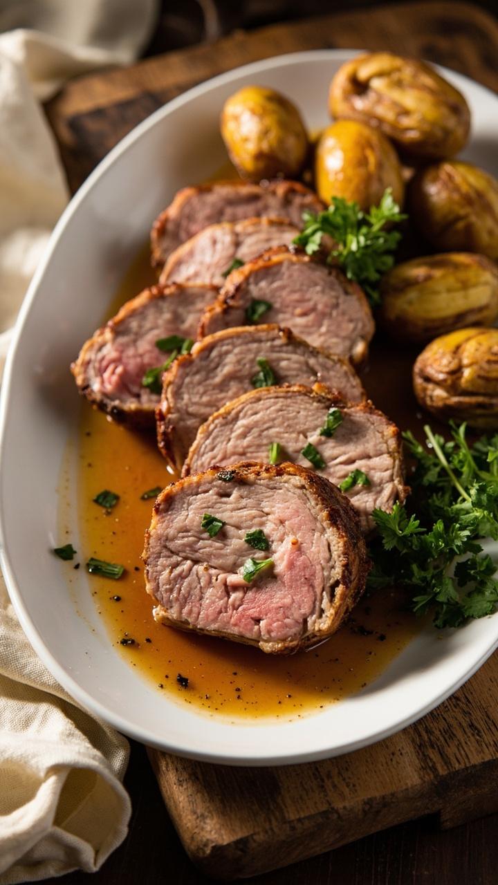 Sliced pork tenderloin arranged in a slightly overlapping fan on a white oval plate, golden pan juices pooled at the base, scattered chopped parsley, a few roasted baby potatoes on the side, a linen napkin and a wooden serving board visible at the edge