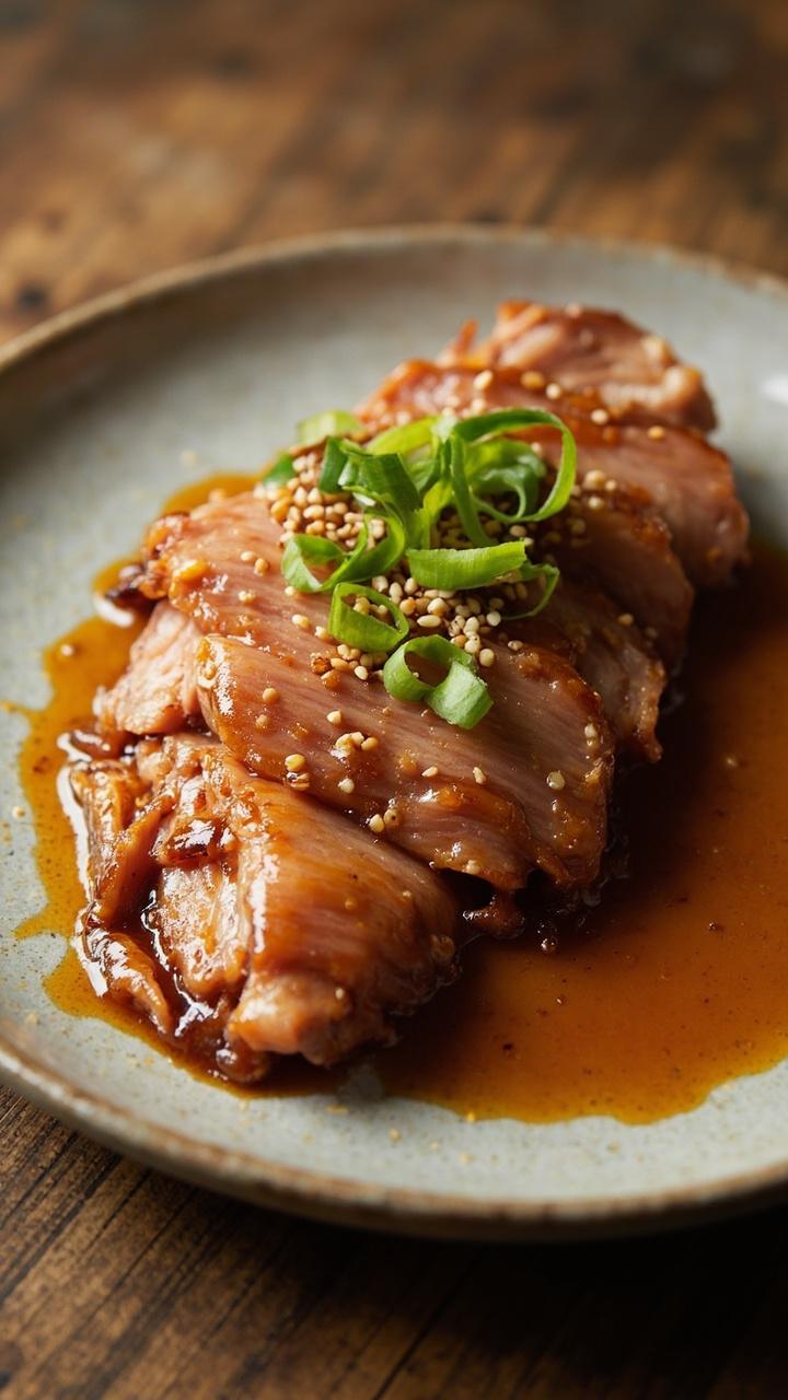 Thick slices of pork glazed with amber honey garlic sauce on a round ceramic plate, a small pool of sauce beside the meat, a sprinkling of sesame seeds and sliced scallions, a simple wooden table surface