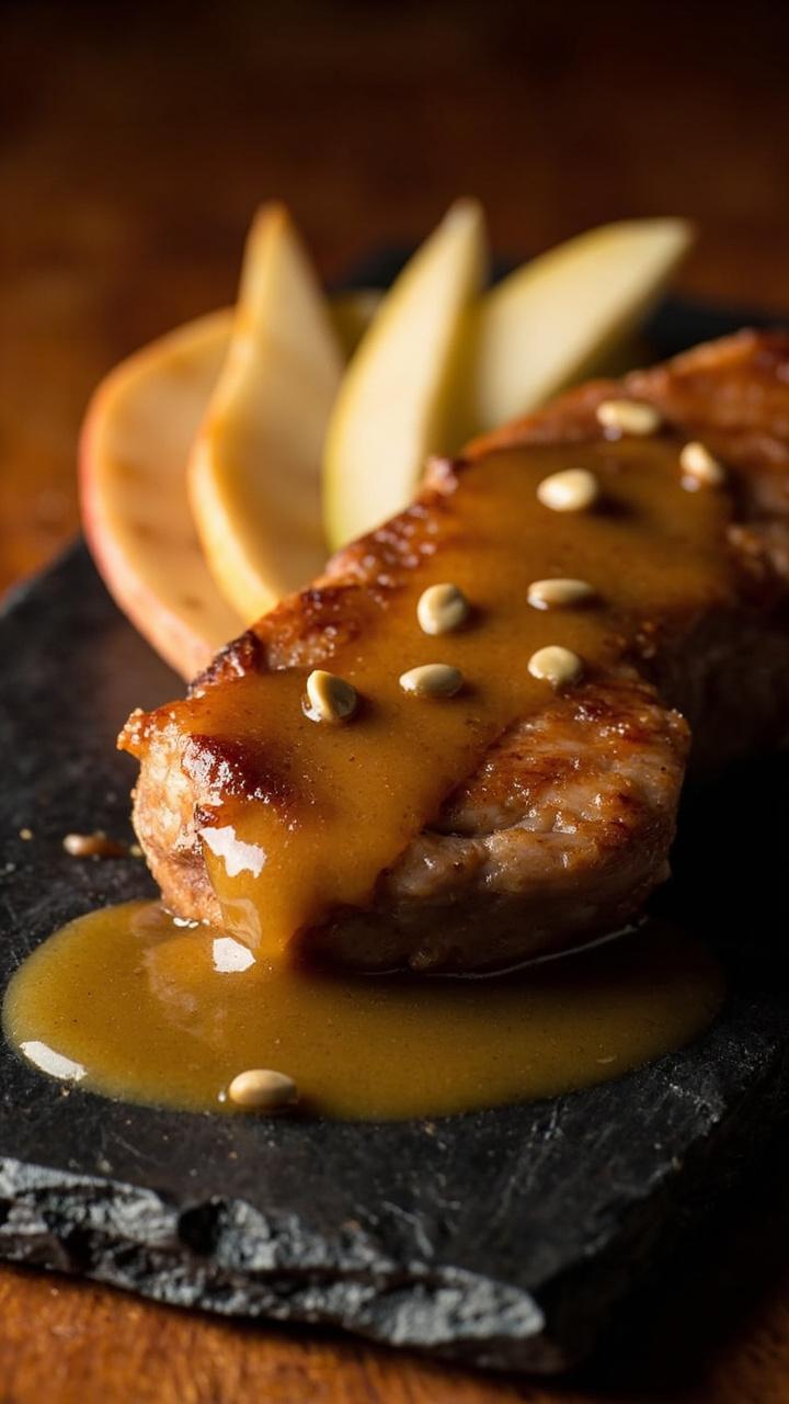 Pork medallions glazed with glossy maple mustard sauce on a rectangular slate plate, thin slices of apple fanned beside the meat, a few mustard seeds scattered as garnish, warm amber tones in the lighting