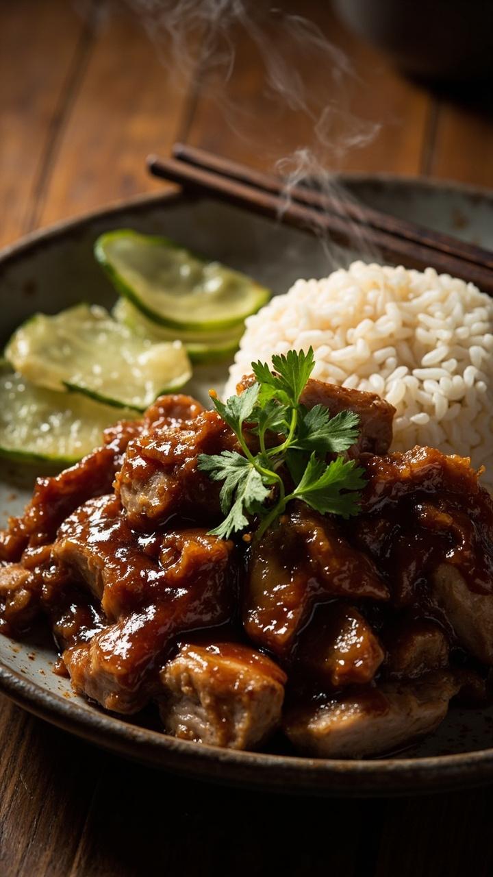 Sliced pork with a glossy dark soy ginger glaze nestled beside a mound of steamed rice, a small heap of pickled cucumber slices, a few torn cilantro leaves and a pair of chopsticks resting on the plate edge