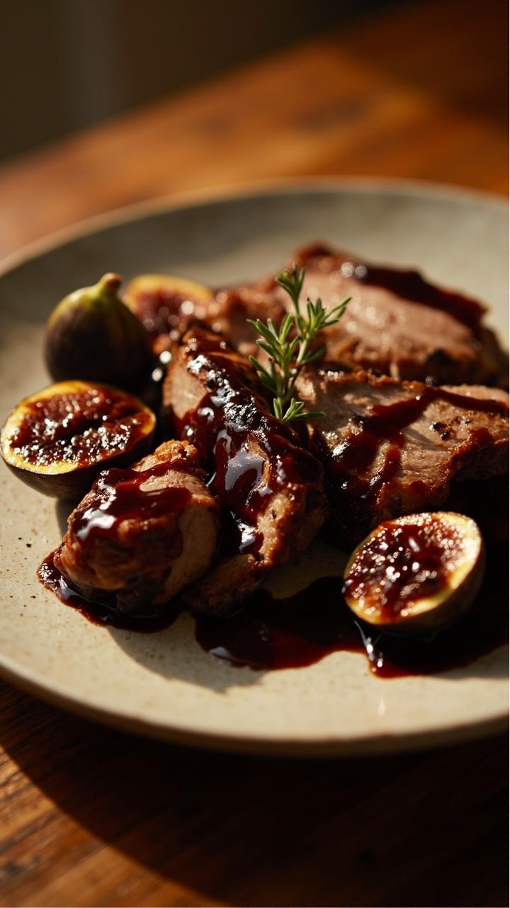 Sliced pork topped with a dark glossy balsamic fig reduction on a light ceramic plate, whole roasted figs halved and placed beside the meat, a small sprig of fresh thyme as garnish, warm wooden table