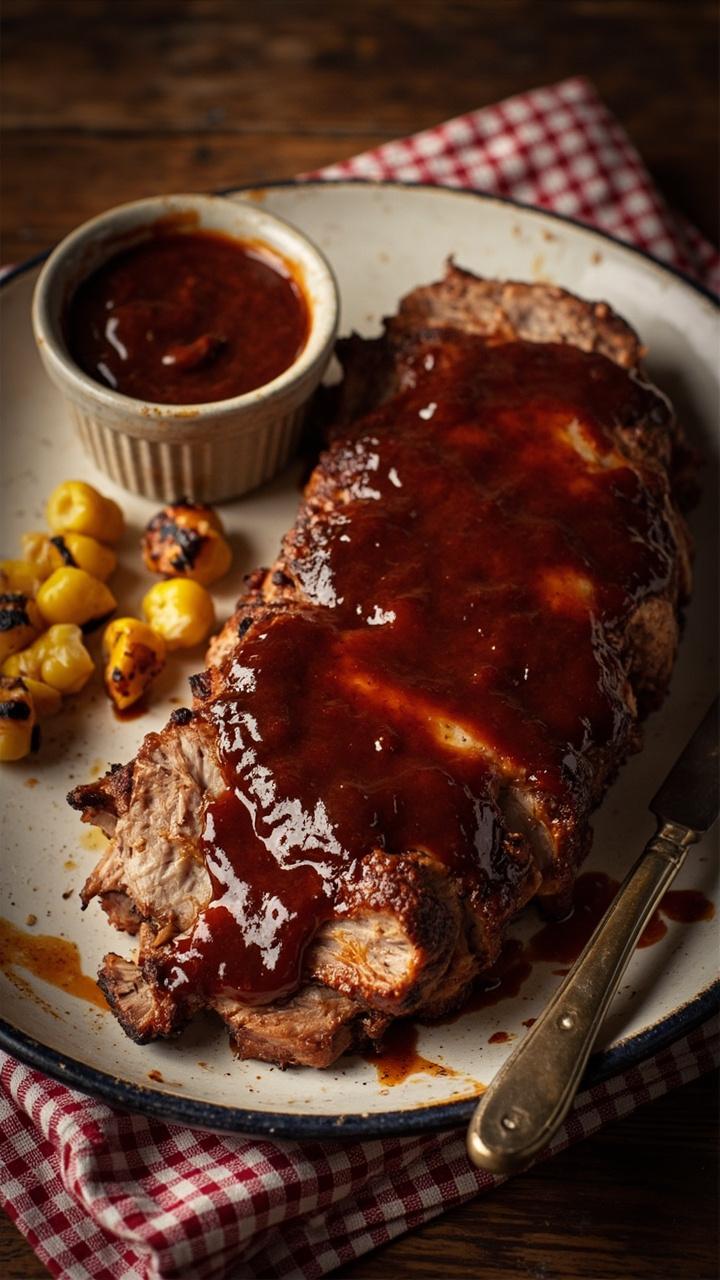 Thick slices of pork brushed with a glossy dark barbecue sauce on a rustic enamel plate, a small ramekin of extra sauce on the side, a few charred corn kernels and a checked napkin beneath the plate