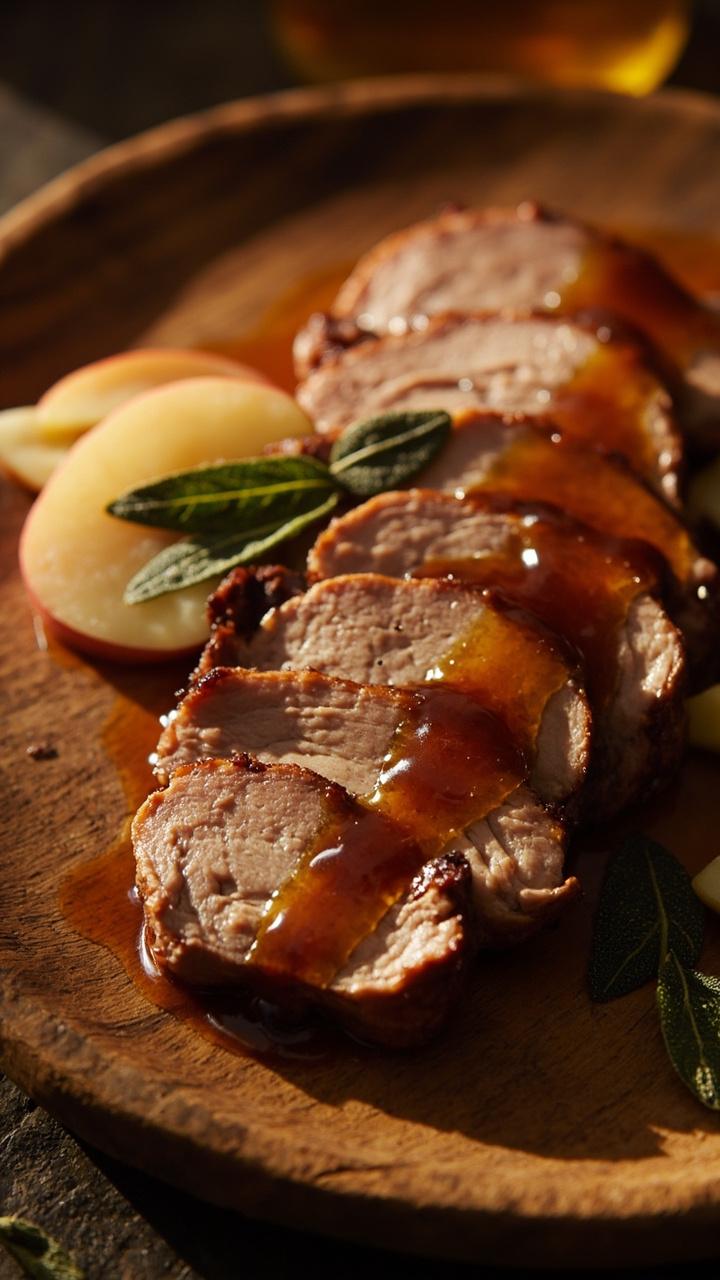Sliced pork with a glossy apple cider reduction on a round wooden plate, thin apple slices fanned beside meat, a few whole sage leaves and warm soft lighting
