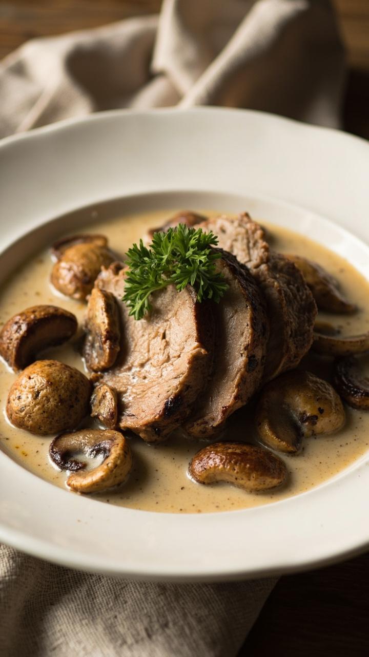 Sliced pork smothered lightly in a creamy mushroom sauce on a deep white plate, whole sautéed mushroom caps scattered around, a sprig of parsley for color, a soft linen napkin nearby