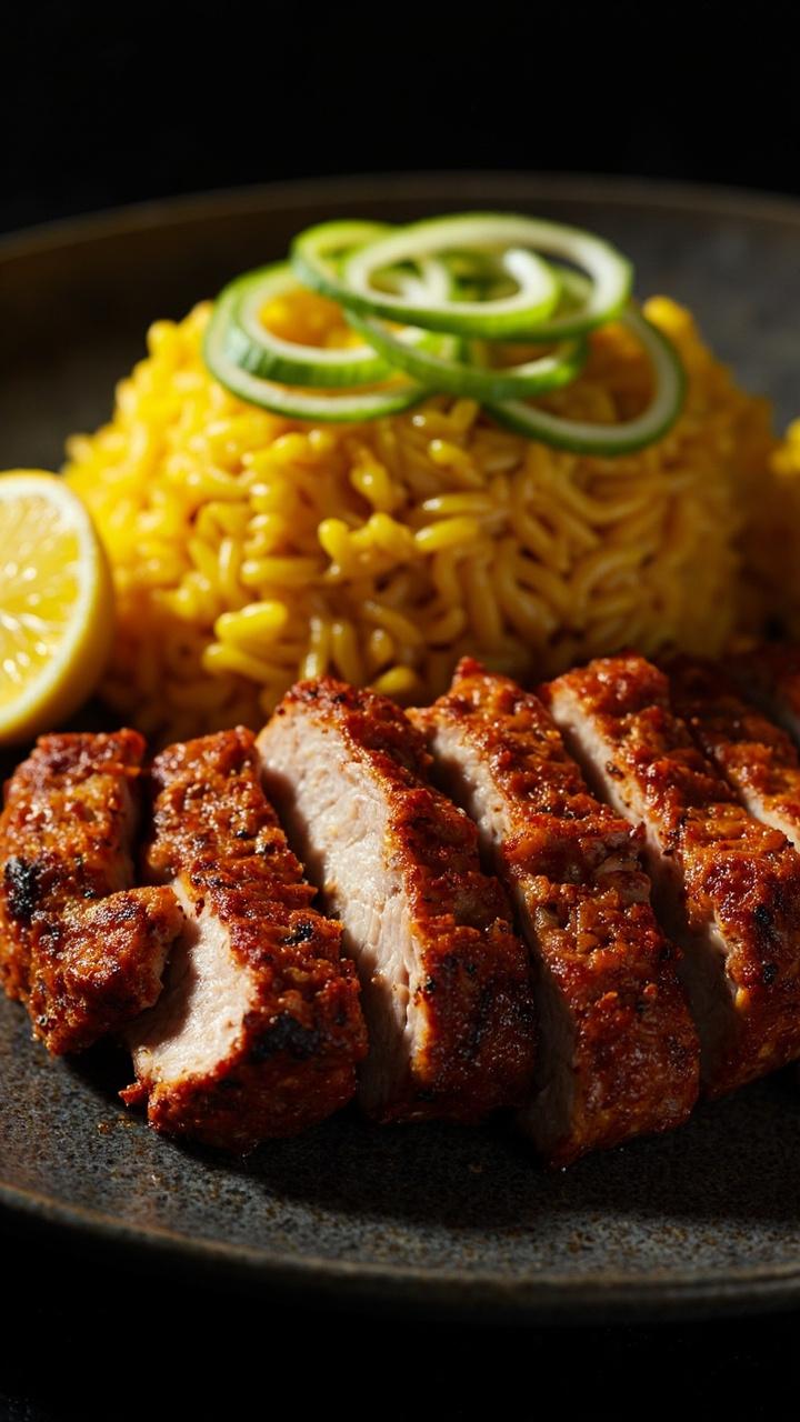 Sliced pork with a reddish Cajun spice crust on a dark ceramic plate, a small mound of yellow rice beside the meat, a wedge of lemon and a scattering of chopped green onion