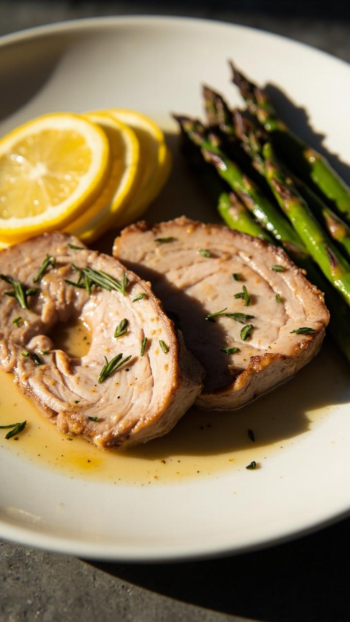 Slices of pork with flecks of rosemary and a light lemon glaze on a round white plate, thin lemon slices tucked beside the meat, a small pile of roasted asparagus on the side