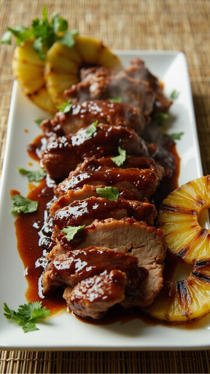 Sliced pork glazed with dark hoisin pineapple sauce on a rectangular plate, grilled pineapple rings beside the meat, a few cilantro leaves sprinkled for color, bamboo placemat beneath