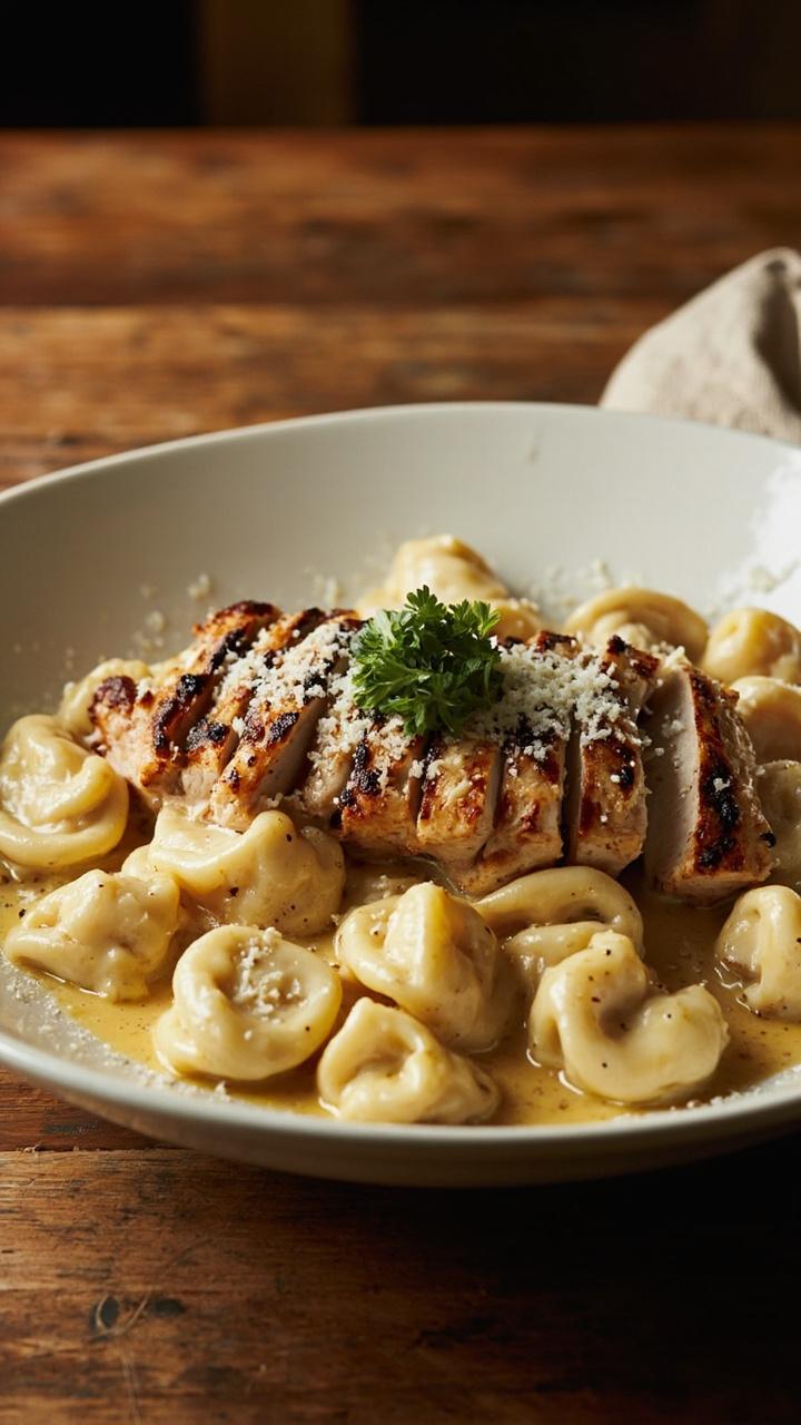 A shallow white pasta bowl filled with glossy cream sauce and cheese filled tortellini, sliced golden grilled chicken fanned on top, a sprinkle of grated Parmesan and chopped parsley, a folded linen napkin and a wooden table beneath.